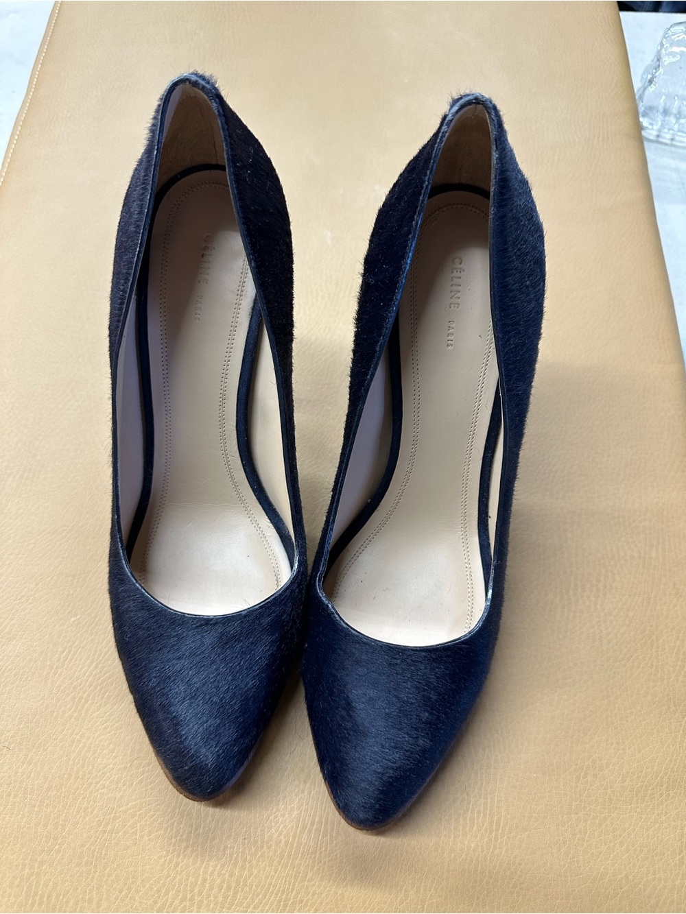 Celine Navy Calf-Hair Pointed-Toe Pumps